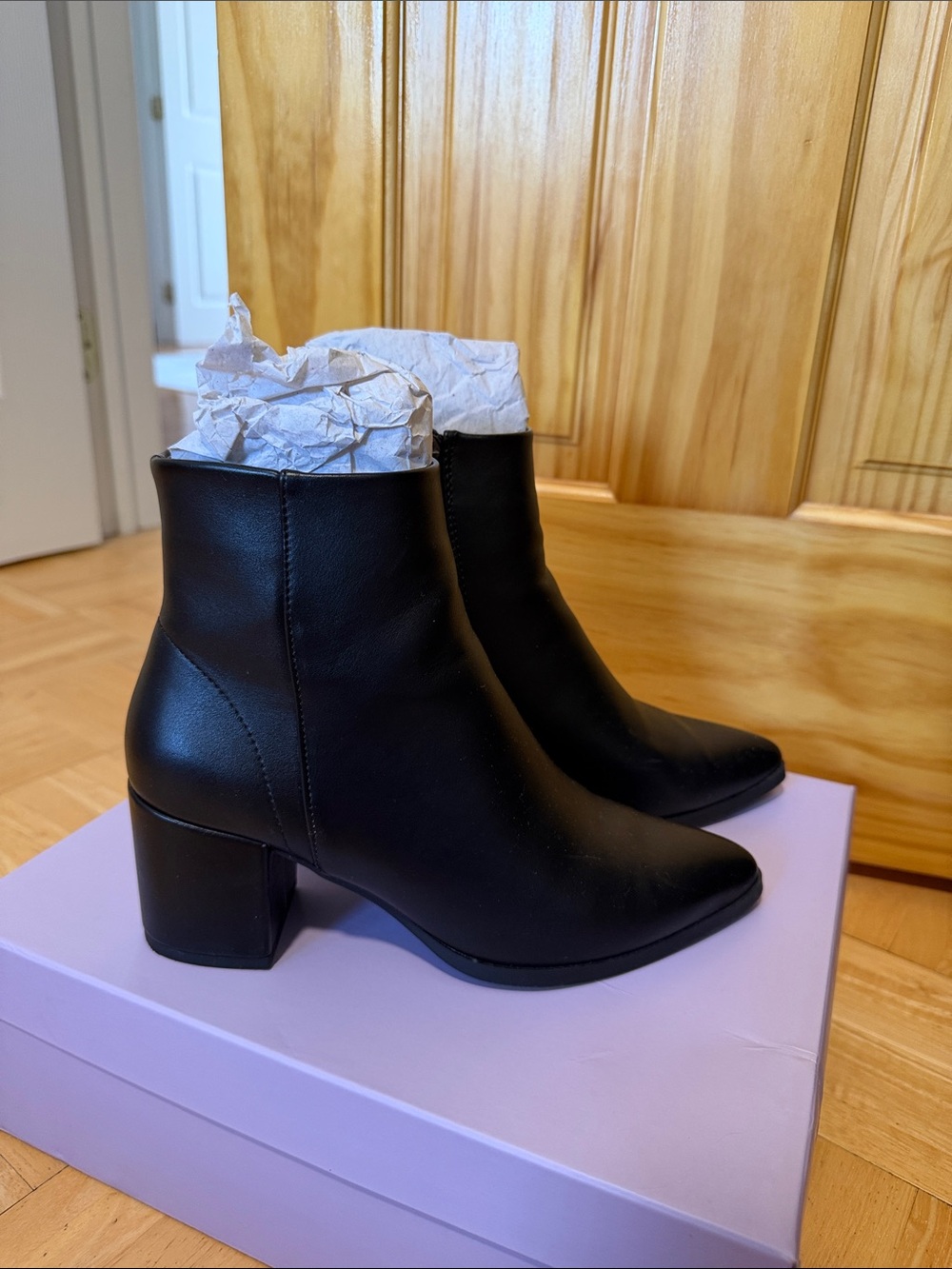 Madden Girl Black Faux Leather Ankle Boots with Block Heel
